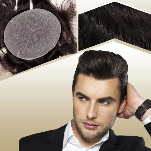 Miniatura 21 de Tupé de cabello humano europeo para hombres, suave encaje suizo completo, sistema de reemplazo de cabello, extensiones de cabello de 10 x 8 1B