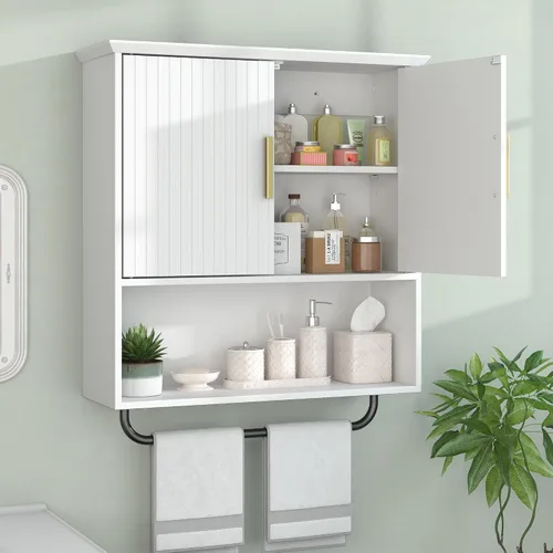 Miniatura 11 de Gabinete de Medicina de Granja - Organizador de Almacenamiento de 3 Niveles Montado en Pared con Estantes Ajustables, Barra para Toallas, 5 Ganchos