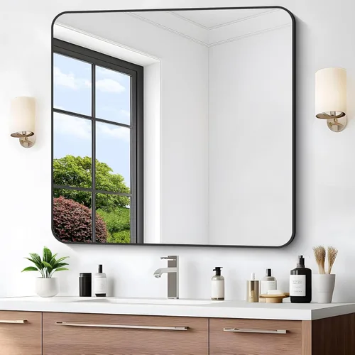 Miniatura 22 de Espejo de baño de 18 x 24 pulgadas con marco de metal negro rectangular, espejo de tocador rectangular de esquinas redondeadas, espejo de pared