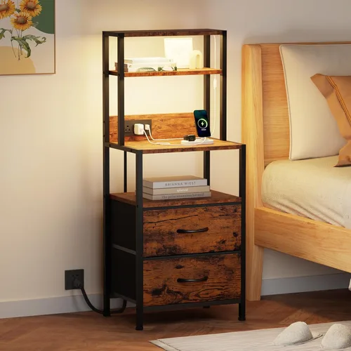 Miniatura 2 de Furnulem Cómoda industrial para dormitorio, mesita de noche de 39 pulgadas de alto con 2 cajones y estación de carga, mesita de noche