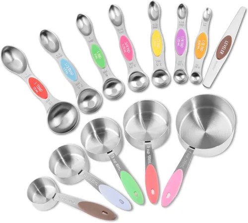 Miniatura 9 de EDELIN Juego de tazas medidoras y cucharas medidoras magnéticas, acero inoxidable, 5 tazas y 7 cucharas (multicolor)