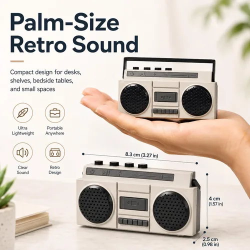 Miniatura 6 de Sourcingbay - Mini altavoz Bluetooth retro, recargable por USB, color gris 2W close range sound for desks shelves bedside tables display styling