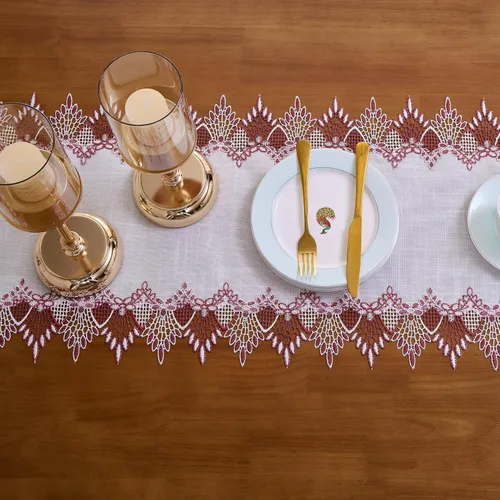 Miniatura 4 de Camino de mesa de lino de encaje rojo oscuro blanco de 36 pulgadas de largo, bufanda de aparador claret, decoración de mesa para Navidad, cocina