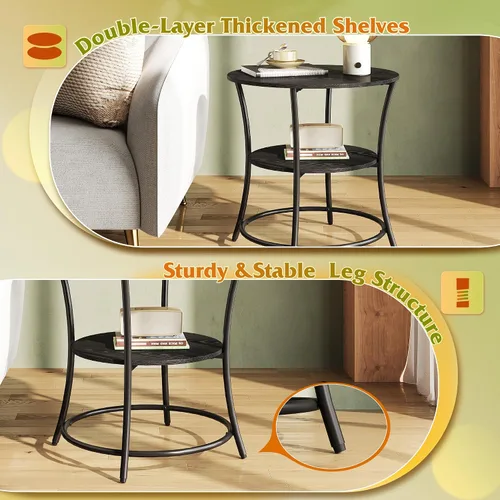 Miniatura 4 de WLIVE Mesa auxiliar, mesa auxiliar redonda con 2 estantes de almacenamiento para sala de estar, dormitorio, mesita de noche con marco de acero