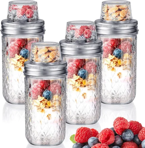 Vesici Paquete de 4 recipientes de avena de 25 onzas con tapas, tazas de yogur de doble laryer con separación seca y húmeda, recipientes de avena