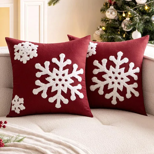 Paquete de 2 fundas de almohada decorativas de Navidad color burdeos con bordado de copo de nieve, fundas de cojín para sofá, fundas de almohada de