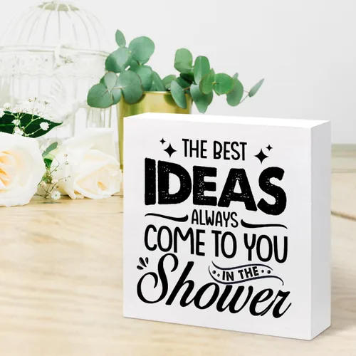 Miniatura 6 de z-crange Letrero de madera con texto en inglés «The Best Ideas Always Come to You in The Shower » para decoración de escritorio, divertido letrero