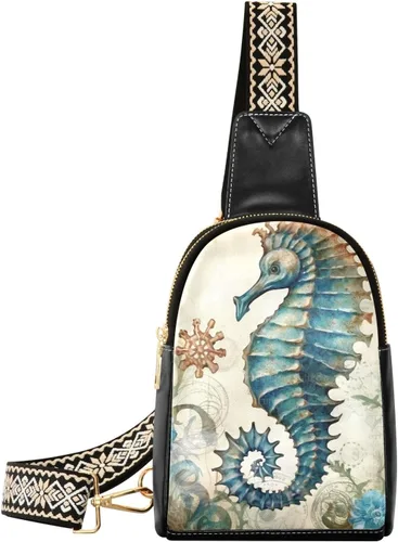 Sling Backpack Seahorse Vintage Sling Bag for Women Crossbody Shoulder Bag Leather Fanny Pack Chest Bag for Travel Hiking 202A1810