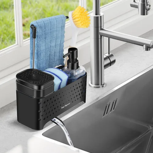 Miniatura 4 de Juego de dispensador de jabón de cocina, soporte de esponja para fregadero de cocina, dispensador de jabón de manos y platos con organizador