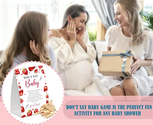 Miniatura 5 de Juego de bebé de fresa con texto en inglés "Don't Say Baby Show", paquete de un letrero de 5 x 7 pulgadas y 50 mini pinzas naturales para la ropa