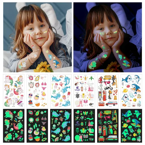 297 tatuajes luminosos para niños, 16 hojas de estilos mixtos de tatuajes temporales con sirena/dinosaurio/espacio/pirata para niños y niñas,