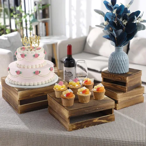 Miniatura 3 de Sieral 4 piezas de madera para cupcakes, soporte decorativo para postres, aperitivos, pasteles, caja de madera rústica, para almacenamiento