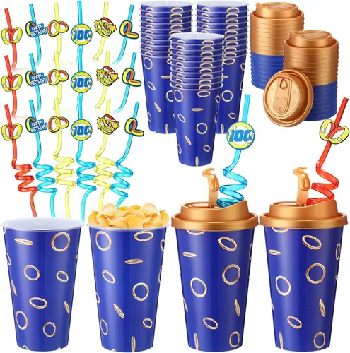 Miniatura 10 de Yungyan 16 juegos de tazas de golosinas con tapas y pajitas para decoraciones de cumpleaños, reutilizables, 16 onzas, vasos de plástico para dulces