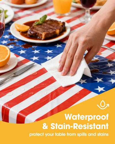 Miniatura 2 de Niuara Mantel de bandera estadounidense, paquete de 4 manteles patrióticos desechables de 54 x 108 pulgadas para mesas de 6 pies, decoraciones del 4