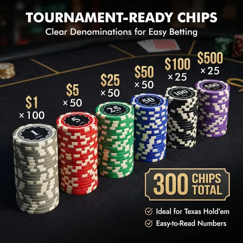 Miniatura 4 de Fichas de póquer con denominaciones, juego de 300 piezas de 11.5g con números, fichas de casino pesadas, 5 dados, 2 barajas con estuche compacto
