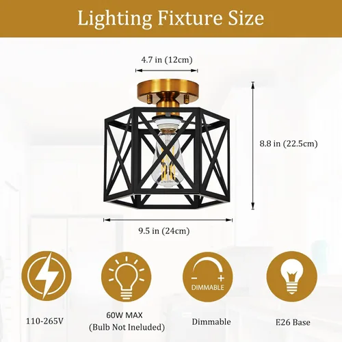 Miniatura 2 de Lámpara de Techo Moderna de Granja Negra y Dorada, Lámpara de Techo Industrial Semiempotrada, Accesorios de Iluminación Hexagonal para Pasillo