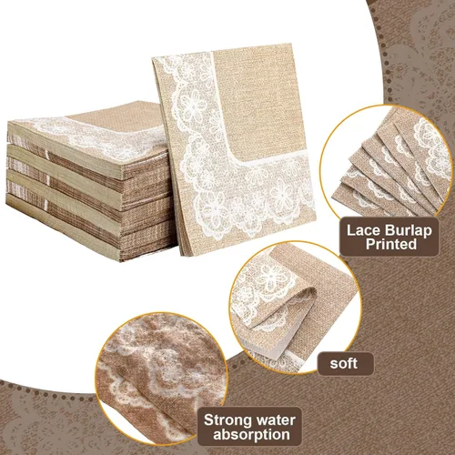 Miniatura 3 de Jinei 100 servilletas de papel de arpillera, toallas de baño para invitados, toallas de mano desechables de encaje para boda, 2 capas, servilletas