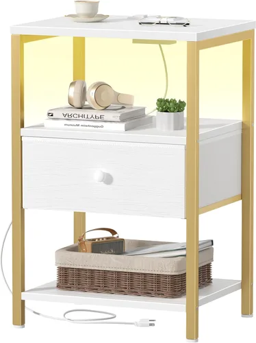 Miniatura 12 de BOLUO - Mesita de noche blanca con estación de carga, mesita de noche LED con cajones de tela y estante, mesa de cabecera con puertos USB y tomas