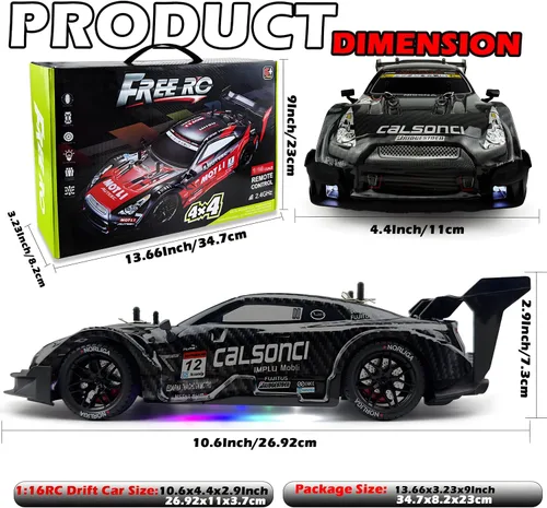 Miniatura 6 de HTURCCOP 1:16 RC Drift Car 2.4GHz Spray 4WD Luces LED de Alta Velocidad de Control Remoto de 30+KM/H 2 Baterías 60Min Velocidad Variable