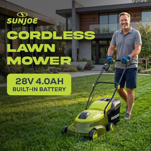 Miniatura 2 de Sun Joe Cortacésped inalámbrico con empuje eléctrico con bolsa de 10.6 galones, ancho de corte de 14 pulgadas, verde - Cortadora de césped