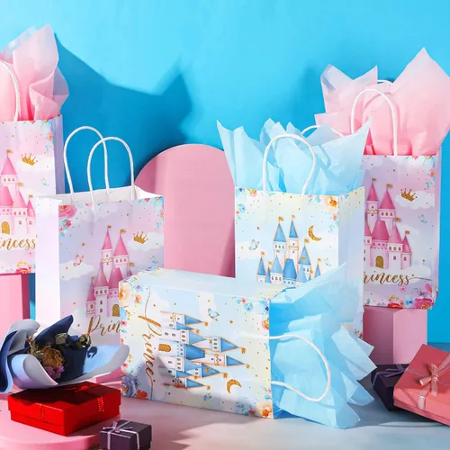 Miniatura 6 de Nezyo 16 bolsas de recuerdo de fiesta de princesa príncipe con asas y papel de seda, bolsas de regalo para cumpleaños, baby shower, regalos