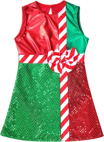 JEATHA Vestido de leotardo de lentejuelas metálicas brillantes para niños y niñas, diseño de bloques de color a rayas, con lazo