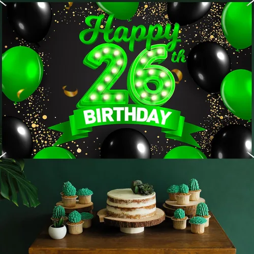 Miniatura 7 de Cartel de feliz cumpleaños 26 verde y negro, telón de fondo con texto en inglés "Cheers to 26 years old confeti", globos de confeti, decoración