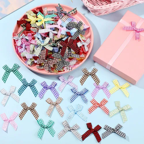 Miniatura 7 de Ysleen 300 mini lazos de cinta para manualidades, pequeños lazos de satén multicolor para coser el cabello, pinzas para ropa, caja de regalo