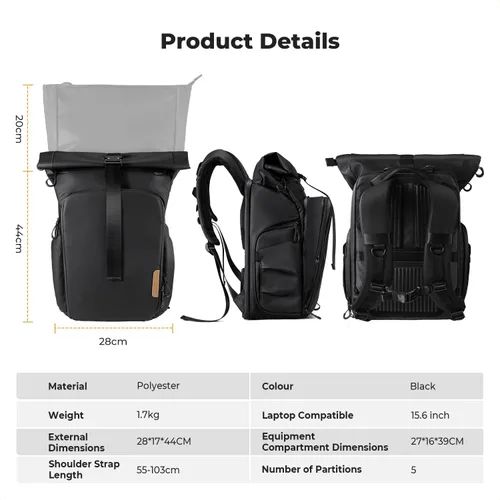 Miniatura 7 de K&F CONCEPT Mochila para cámara, bolsa para cámara con compartimento para laptop de 15.6 pulgadas, mochila expandible con bolsillo superior