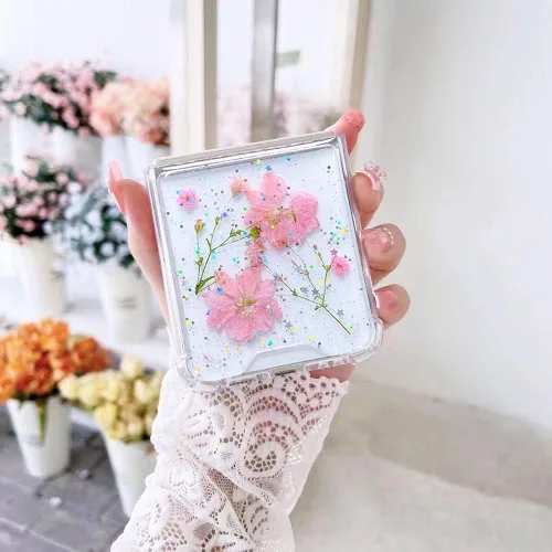 Miniatura 4 de Abbery Funda transparente para Samsung Galaxy Z Flip 3 5G, transparente y con diseño de purpurina bonita con purpurina floral prensada de Rosa