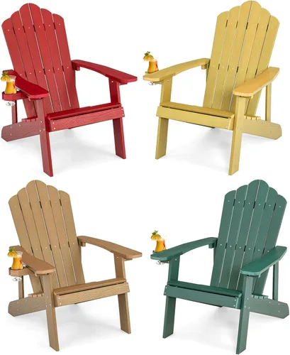 Miniatura 16 de Tangkula Silla Adirondack de gran tamaño, sillas de patio con soporte ajustable para tazas, sillones con caderas y listones, resistente a