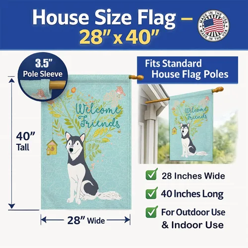 Miniatura 4 de Caroline's Treasures BB7594CHF - Bandera de casa de Husky siberiano con texto en inglés "Welcome Friends" (texto en inglés "Welcome Friends")