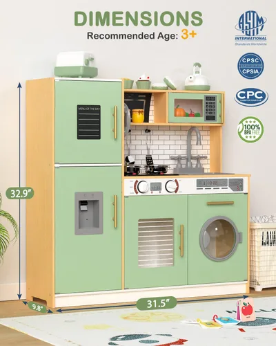 Miniatura 6 de Babytronic Juego de cocina de madera para niños, cocina de juego interactiva con luces y sonidos, juego de cocina de juguete para niños con grifo