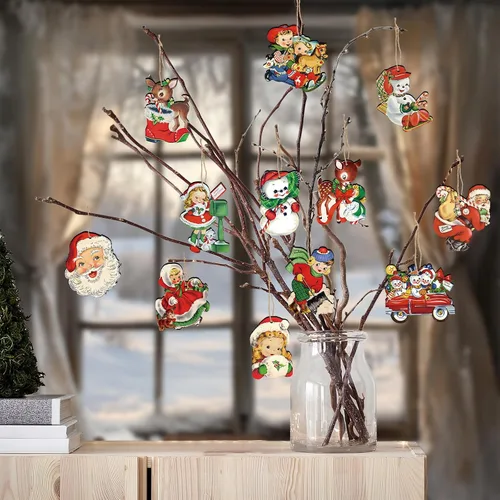 Miniatura 2 de 36 adornos de Navidad vintage para decoración de árboles, adornos retro de madera con niña, muñeco de nieve, decoración navideña de reno para árbol