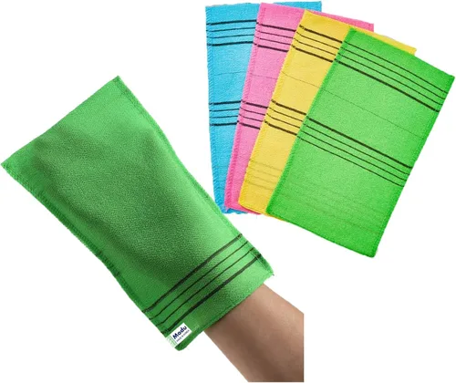 Modu Guantes exfoliantes coreanos grandes, 4 unidades (verde, amarillo, azul cielo, rosa) – Guantes exfoliantes exfoliador corporal toalla italiana