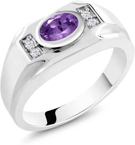 Gem Stone King Anillo de plata de ley 925 ovalado de amatista púrpura y zafiro creado en blanco para hombre (1.26 quilates) disponible 7, 8, 9, 10,