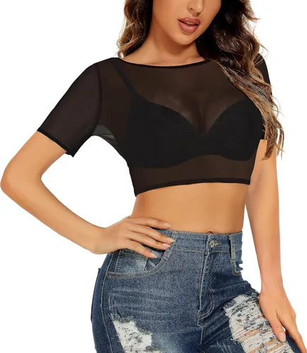 Miniatura 2 de Blusa de malla transparente para mujer, manga corta, manga larga, entallada, para discoteca