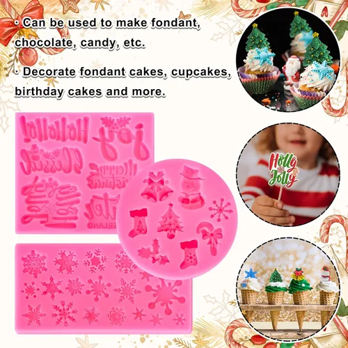 Miniatura 4 de Whaline 3 moldes de silicona para fondant de Feliz Navidad, diseño de copos de nieve rosados, con palabras bendecidas, alegría, acebo, Jolly