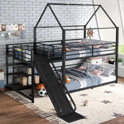 Miniatura 12 de Bellemave Litera individual sobre cama individual con tobogán, litera de piso para niños con escaleras de almacenamiento y barandilla de longitud