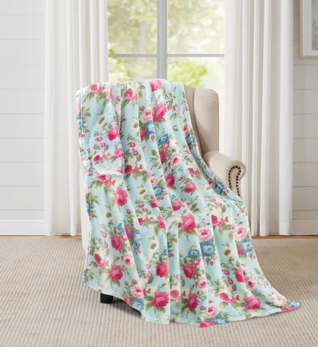 Serafina Home Manta floral de vellón de terciopelo primaveral: jardín de rosas de flores rosas, azules, verdes en un diseño colorido suave y