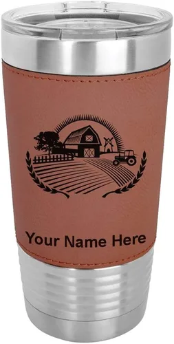 Miniatura 11 de LaserGram Vaso aislado al vacío de 20 onzas, granja, grabado personalizado incluido (piel sintética, estilo béisbol)