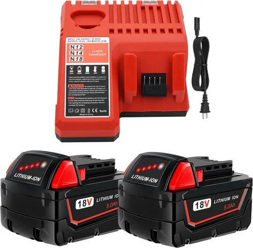 Worthmah Paquete de 2 baterías de 5.0Ah 18V y cargador de repuesto para batería Milwaukee M18 48-11-1850, compatible con cargador de batería m18