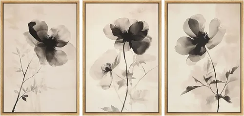Miniatura 73 de SIGNWIN Lienzo enmarcado para pared, juego de arte de collage de hojas transparentes en blanco y negro, ilustraciones de naturaleza silvestre, arte