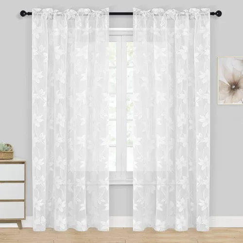 Miniatura 23 de DWCN Paquete de 2 cenefas de encaje floral para cocina, 52 x 18 pulgadas, con bolsillo para barra, cortina de gasa para ventana pequeña, cocina