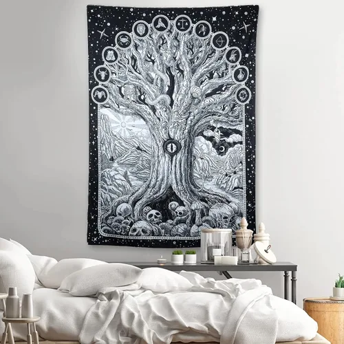 Miniatura 2 de ZYLLGLOW Tapiz del zodiaco con diseño de árbol de la vida en blanco y negro para dormitorio, estético, malvado de ojo, serpiente, sol y luna