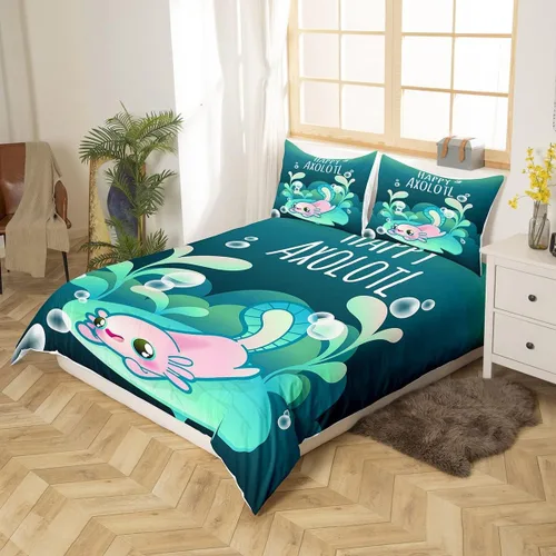 Miniatura 2 de jejeloiu Juego de funda de edredón verde de ajolote de dibujos animados, juego de ropa de cama Kawaii de animales 3D para niños, niñas, niños