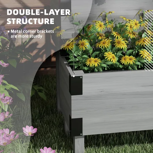 Miniatura 4 de Outsunny Cama de jardín elevada de 2 niveles con enrejado, maceta elevada de madera con agujeros de drenaje, forros, esquinas de metal, maceta Gris