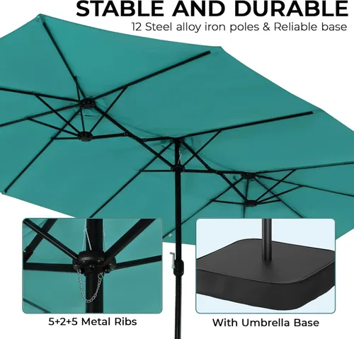 Miniatura 4 de Sombrilla de doble cara para patio de 15 x 9 pies con base y manivela, sombrilla rectangular extragrande para patio, césped y jardín, beige