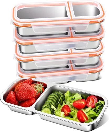 Miniatura 9 de KTKUDY - Recipiente de acero inoxidable para niños y adultos, grande, a prueba de fugas, 3 compartimentos, apilable, para guardería, escuela
