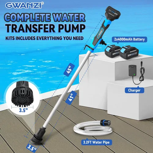 Miniatura 7 de Bomba de transferencia de agua inalámbrica de 720 GPH 32 pies con cabezal incluido, batería de 2 x 4000 mAh 21 V y cargador de 90 minutos de tiempo